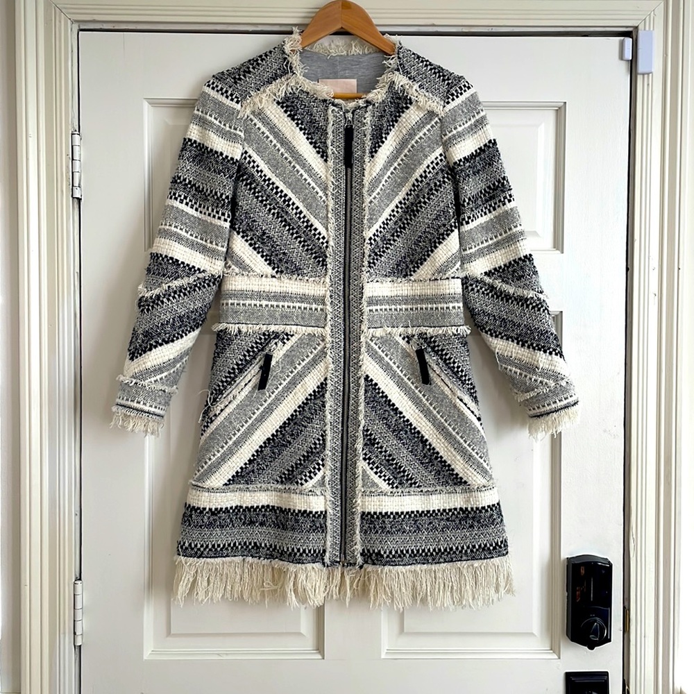 Black and White Rebecca Taylor Coat with Fringe